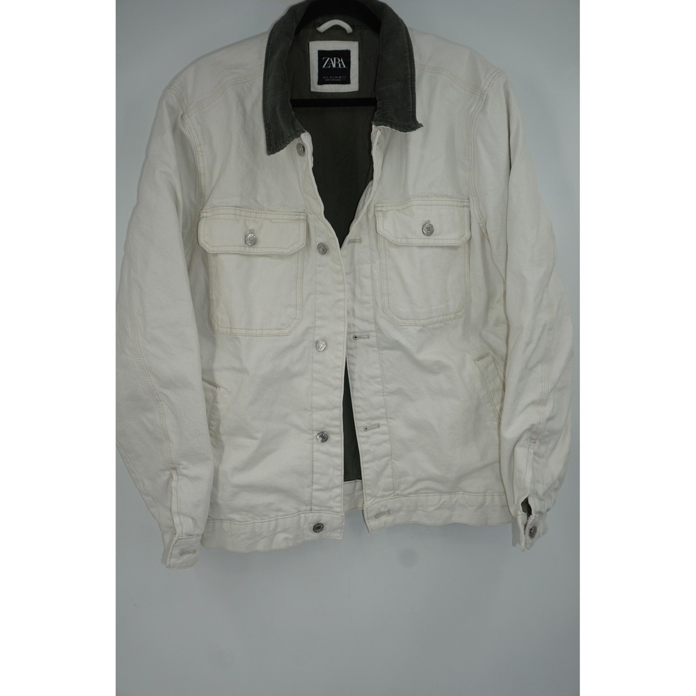Zara Jacket Mens Large White Denim Military Corduroy Collar Lined Snap Insulated